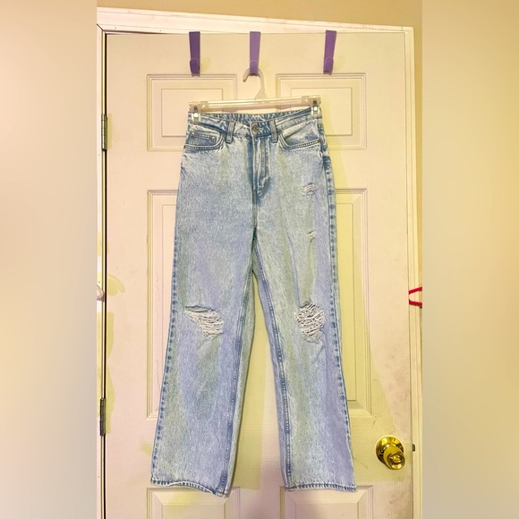 Denim Hole Washed Wide Leg Loose Boyfriend Jeans 100% Cotton - Picture 2 of 6